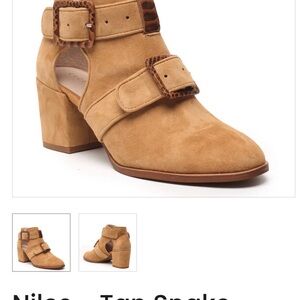 Cecilia Niles Tan Heeled Boots with Snake Print Buckles